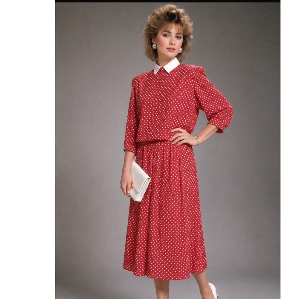 70's Grannycore  Liz‎ Robert's Dress Sz 10 Red polkadot Hippie Mod Retro